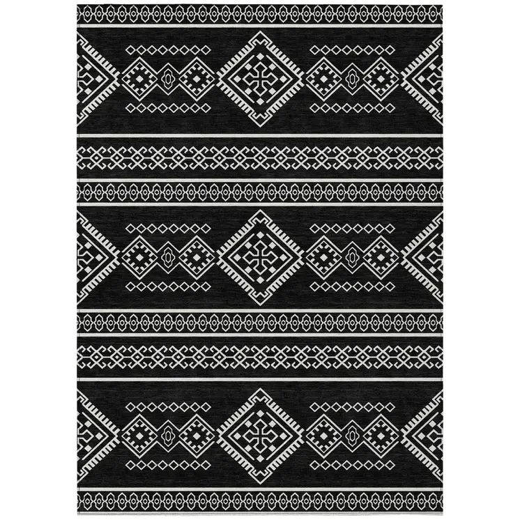 9' X 12' Black And Ivory Southwestern Washable Indoor Outdoor Area Rug