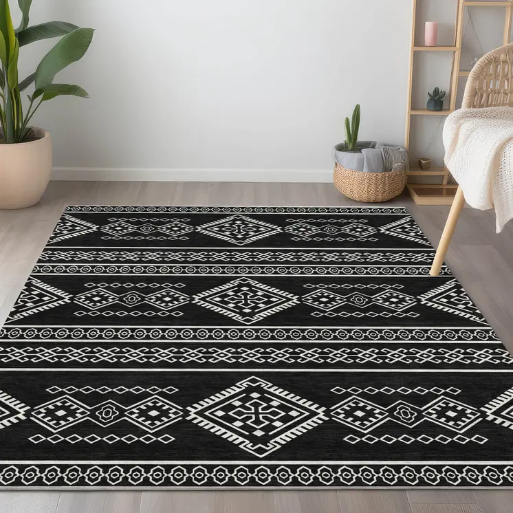 9' X 12' Black And Ivory Southwestern Washable Indoor Outdoor Area Rug