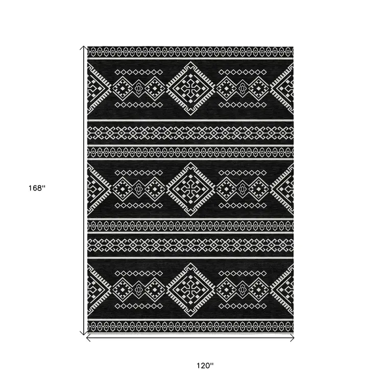 10' X 14' Black And Ivory Southwestern Washable Indoor Outdoor Area Rug