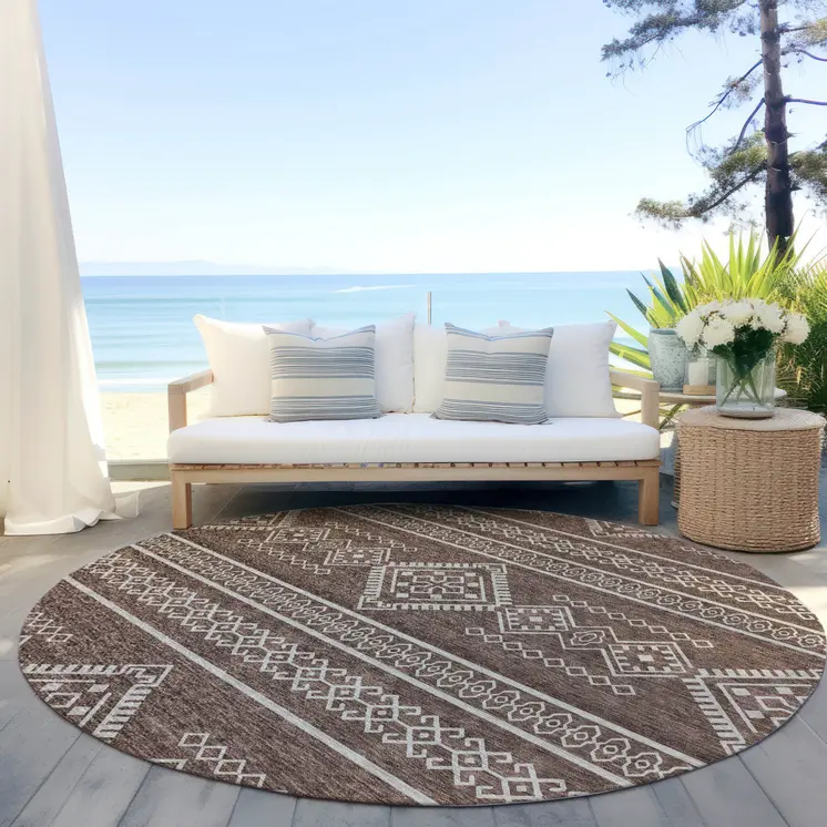 8' Brown And Ivory Round Southwestern Washable Indoor Outdoor Area Rug
