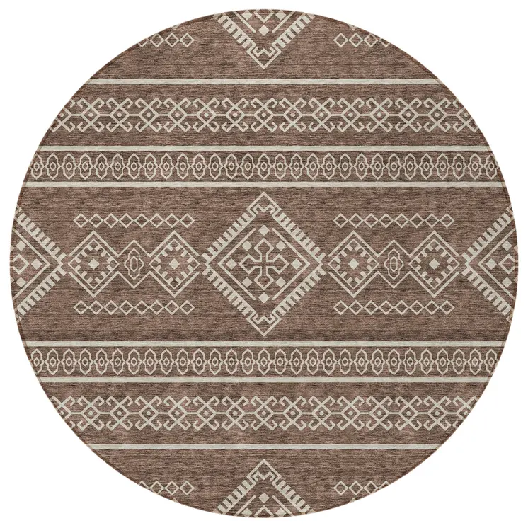 8' Brown And Ivory Round Southwestern Washable Indoor Outdoor Area Rug