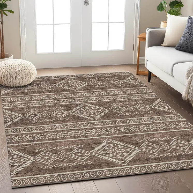 8' X 10' Brown And Ivory Southwestern Washable Indoor Outdoor Area Rug