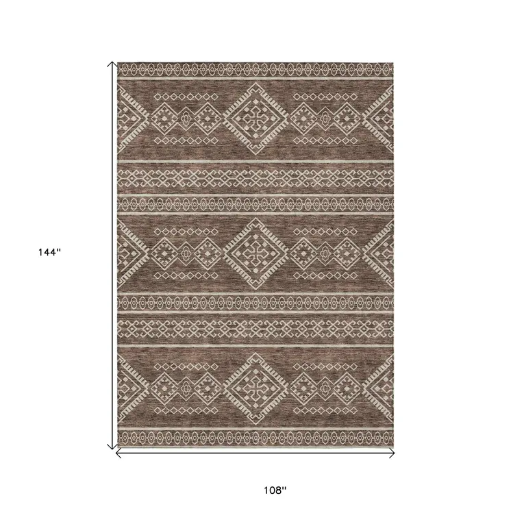 9' X 12' Brown And Ivory Southwestern Washable Indoor Outdoor Area Rug