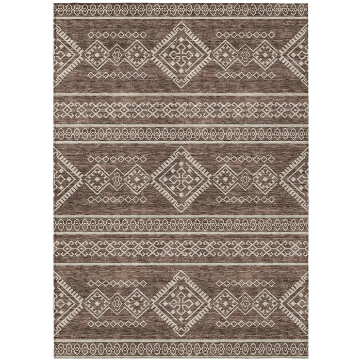 9' X 12' Brown And Ivory Southwestern Washable Indoor Outdoor Area Rug