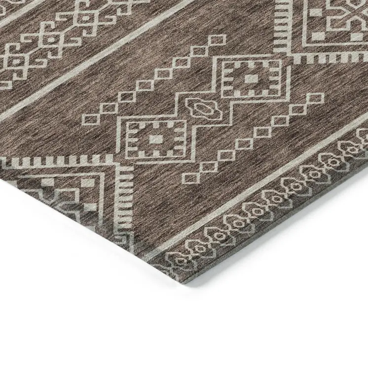 9' X 12' Brown And Ivory Southwestern Washable Indoor Outdoor Area Rug