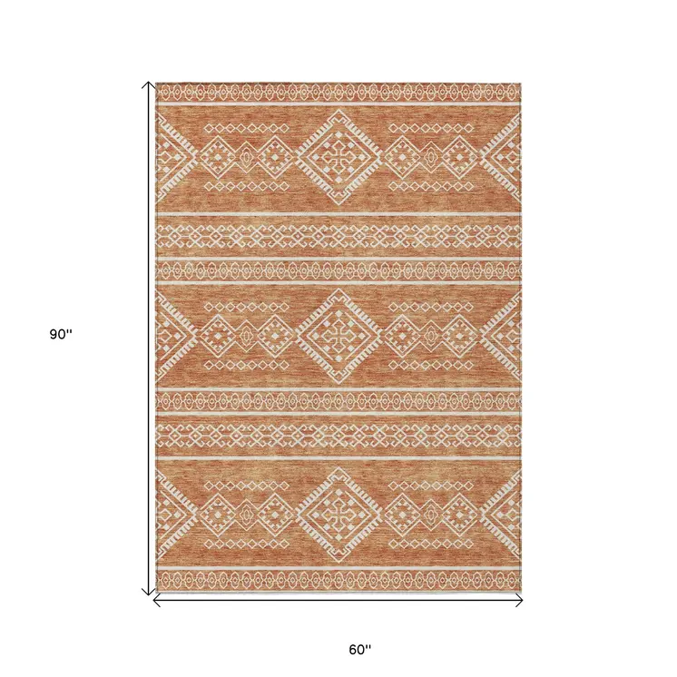 5' X 8' Copper And Ivory Southwestern Washable Indoor Outdoor Area Rug