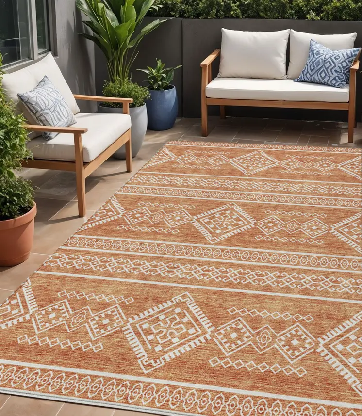 5' X 8' Copper And Ivory Southwestern Washable Indoor Outdoor Area Rug