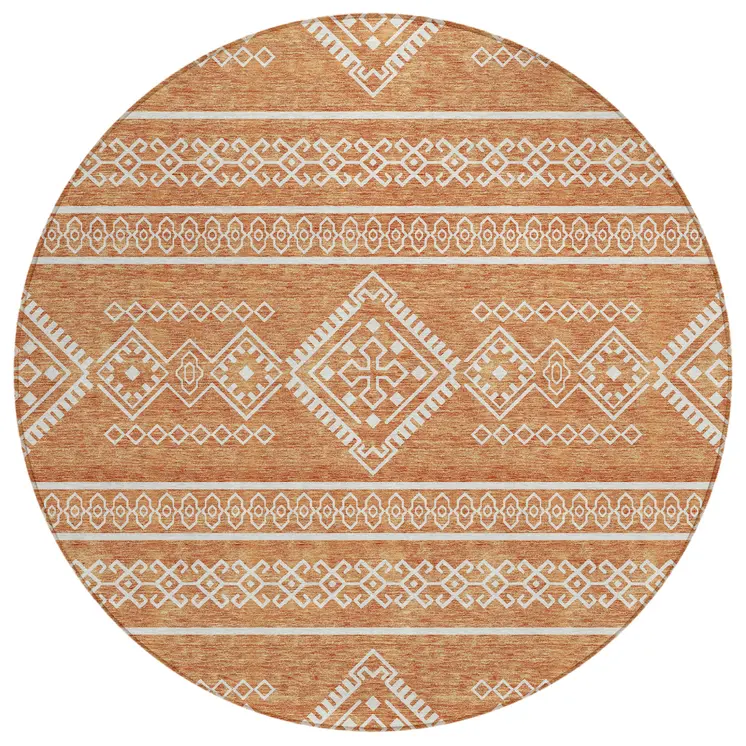 8' Copper And Ivory Round Southwestern Washable Indoor Outdoor Area Rug