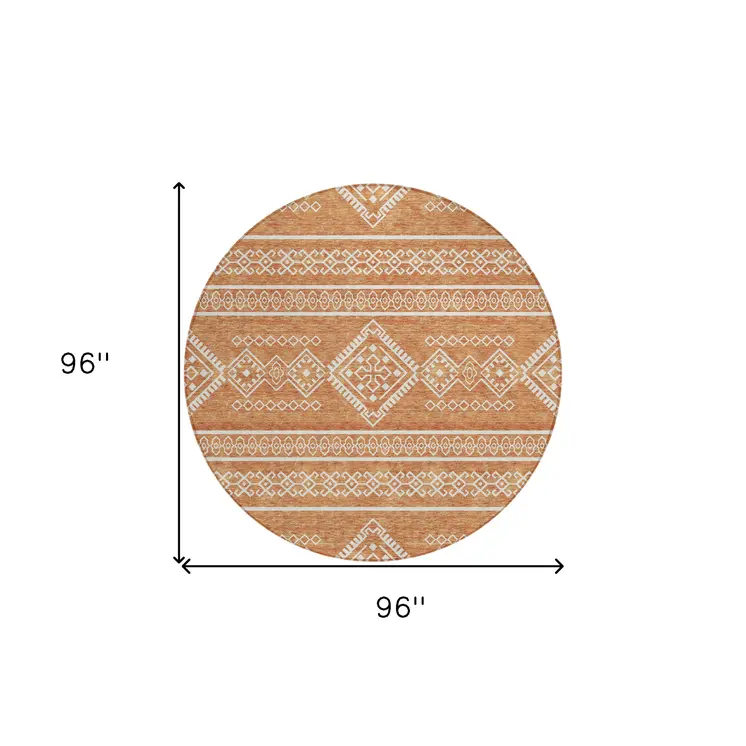8' Copper And Ivory Round Southwestern Washable Indoor Outdoor Area Rug