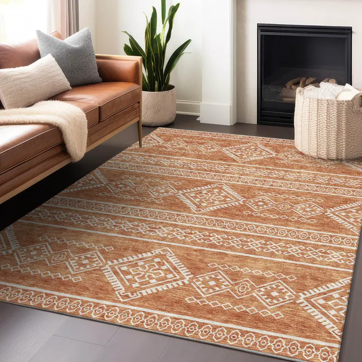 8' X 10' Copper And Ivory Southwestern Washable Indoor Outdoor Area Rug