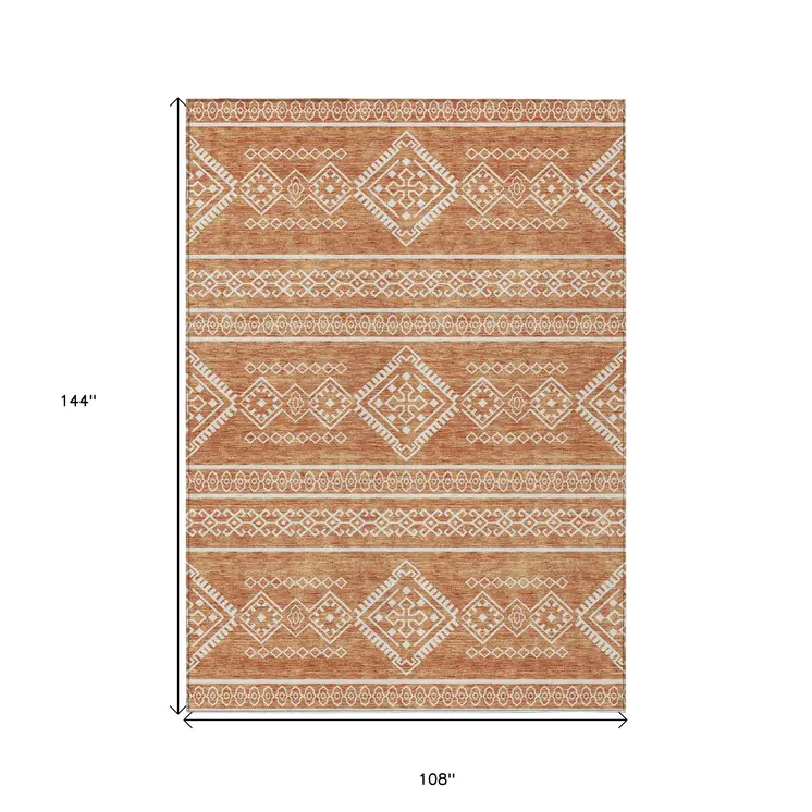 9' X 12' Copper And Ivory Southwestern Washable Indoor Outdoor Area Rug