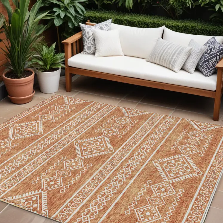 10' X 14' Copper And Ivory Southwestern Washable Indoor Outdoor Area Rug