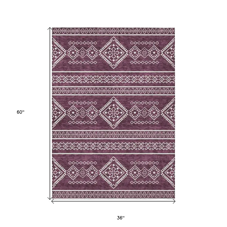 3' X 5' Eggplant And Ivory Southwestern Washable Indoor Outdoor Area Rug