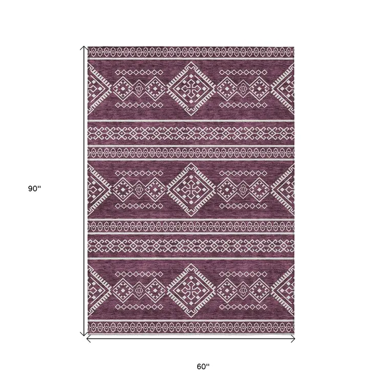 5' X 8' Eggplant And Ivory Southwestern Washable Indoor Outdoor Area Rug