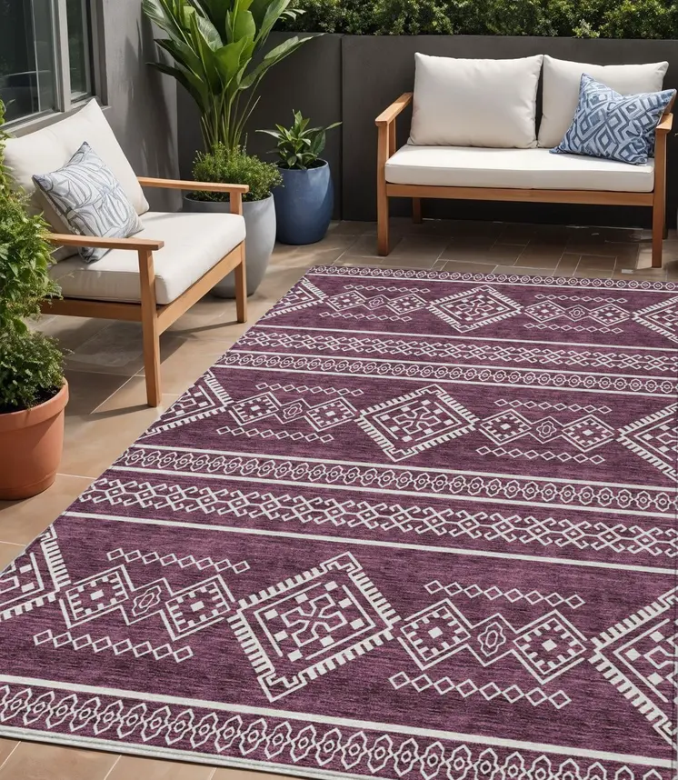 5' X 8' Eggplant And Ivory Southwestern Washable Indoor Outdoor Area Rug
