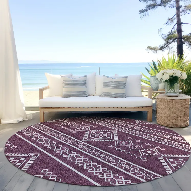 8' Eggplant And Ivory Round Southwestern Washable Indoor Outdoor Area Rug