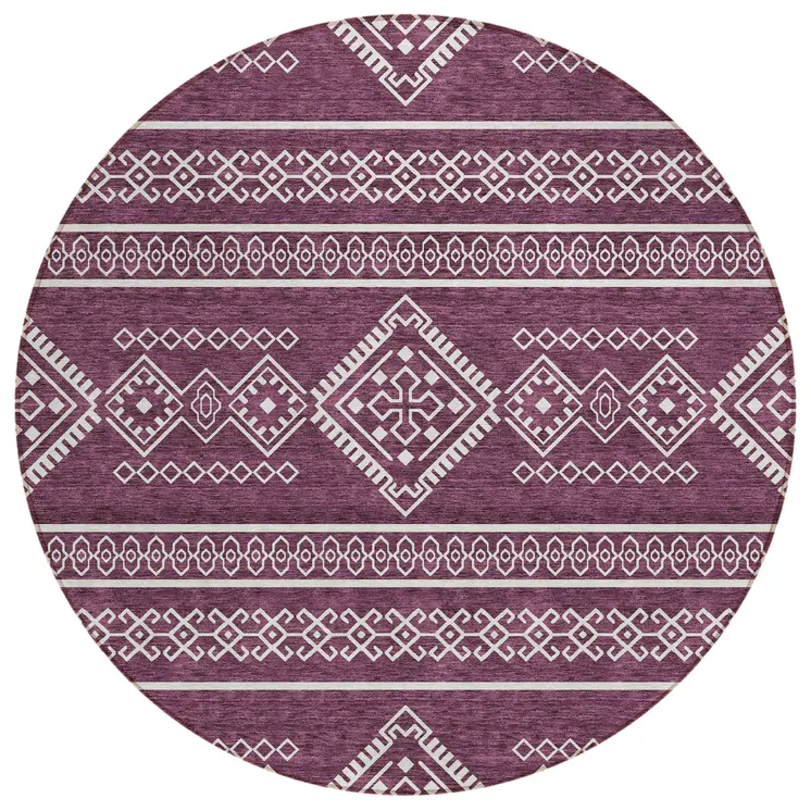 8' Eggplant And Ivory Round Southwestern Washable Indoor Outdoor Area Rug