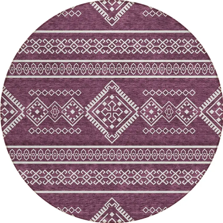 8' Eggplant And Ivory Round Southwestern Washable Indoor Outdoor Area Rug