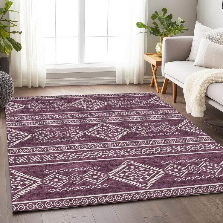 8' X 10' Eggplant And Ivory Southwestern Washable Indoor Outdoor Area Rug