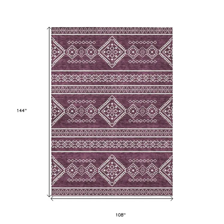 9' X 12' Eggplant And Ivory Southwestern Washable Indoor Outdoor Area Rug