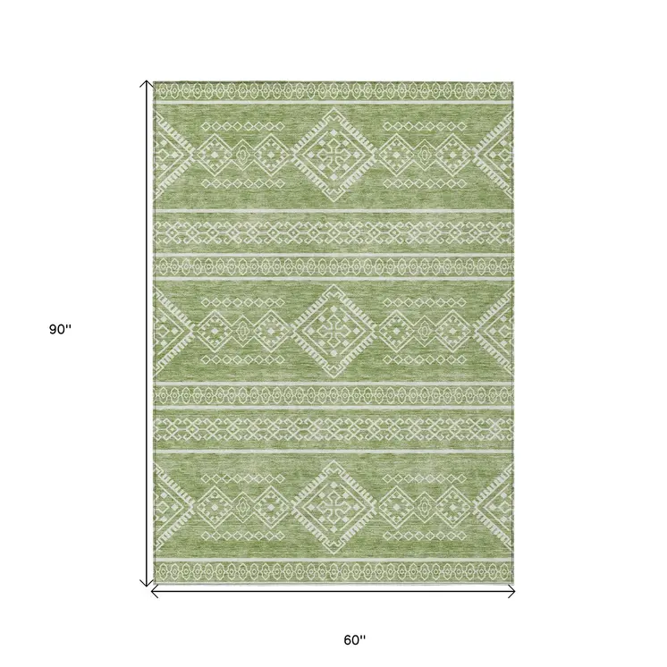5' X 8' Green And Ivory Southwestern Washable Indoor Outdoor Area Rug