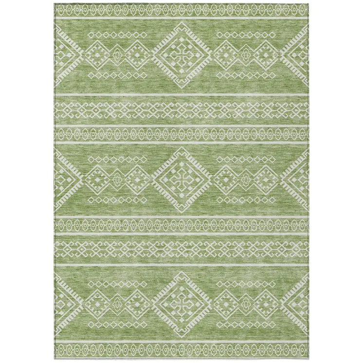 8' X 10' Green And Ivory Southwestern Washable Indoor Outdoor Area Rug