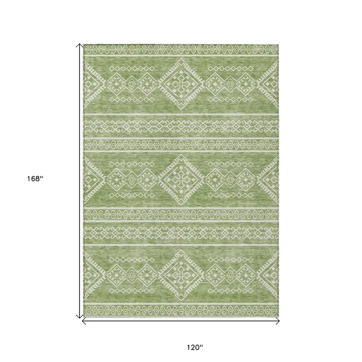10' X 14' Green And Ivory Southwestern Washable Indoor Outdoor Area Rug
