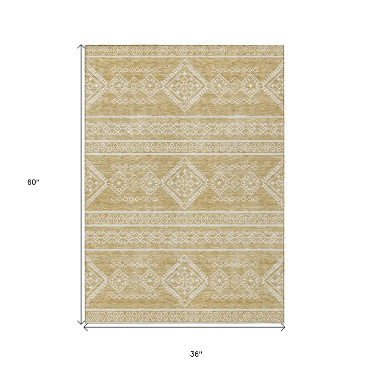 3' X 5' Gold And Ivory Southwestern Washable Indoor Outdoor Area Rug