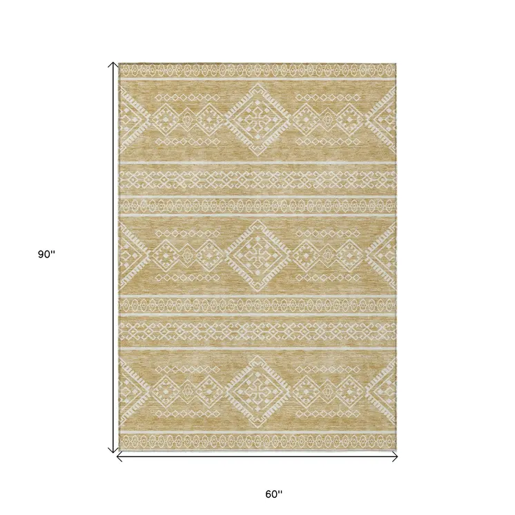 5' X 8' Gold And Ivory Southwestern Washable Indoor Outdoor Area Rug
