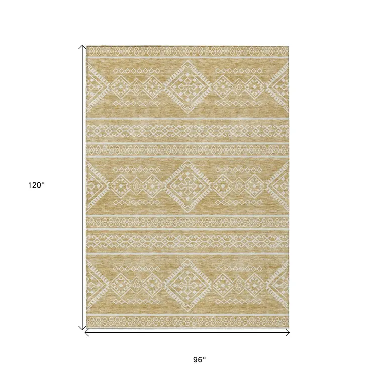 8' X 10' Gold And Ivory Southwestern Washable Indoor Outdoor Area Rug