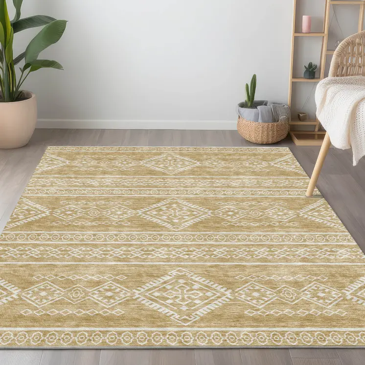 10' X 14' Gold And Ivory Southwestern Washable Indoor Outdoor Area Rug
