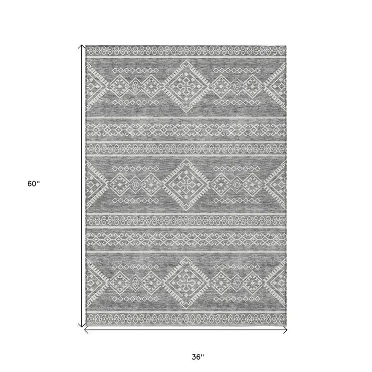 3' X 5' Gray And Ivory Southwestern Washable Indoor Outdoor Area Rug