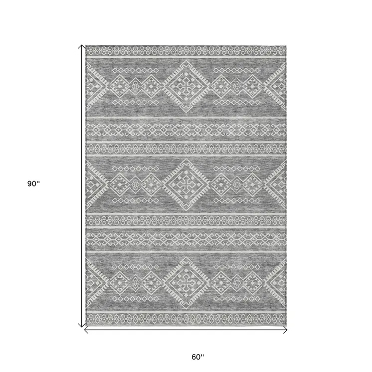 5' X 8' Gray And Ivory Southwestern Washable Indoor Outdoor Area Rug