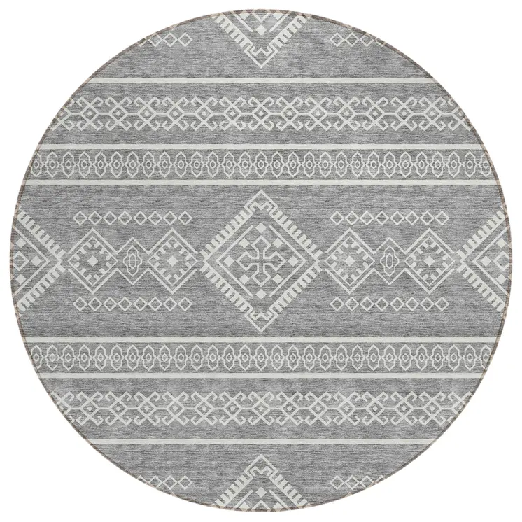 8' Gray And Ivory Round Southwestern Washable Indoor Outdoor Area Rug