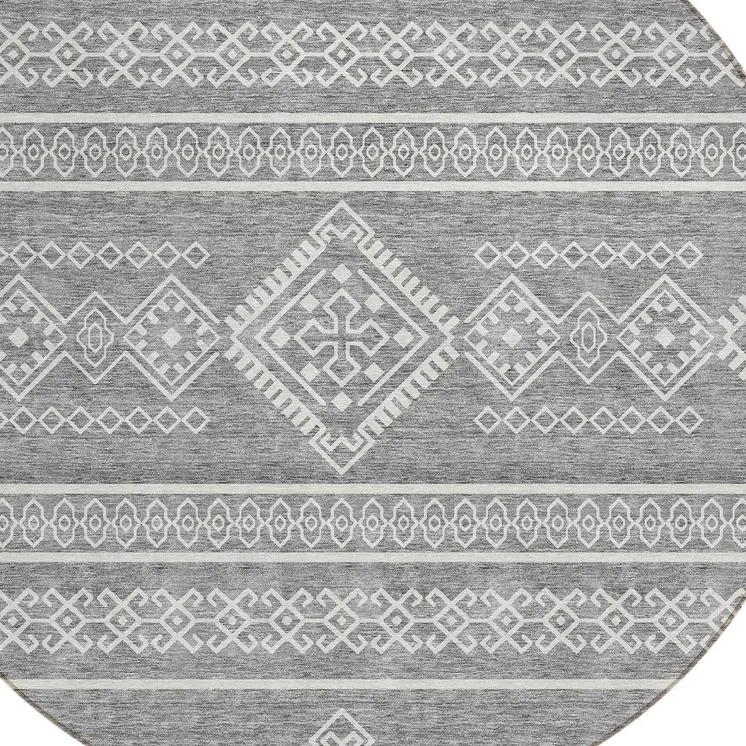 8' Gray And Ivory Round Southwestern Washable Indoor Outdoor Area Rug
