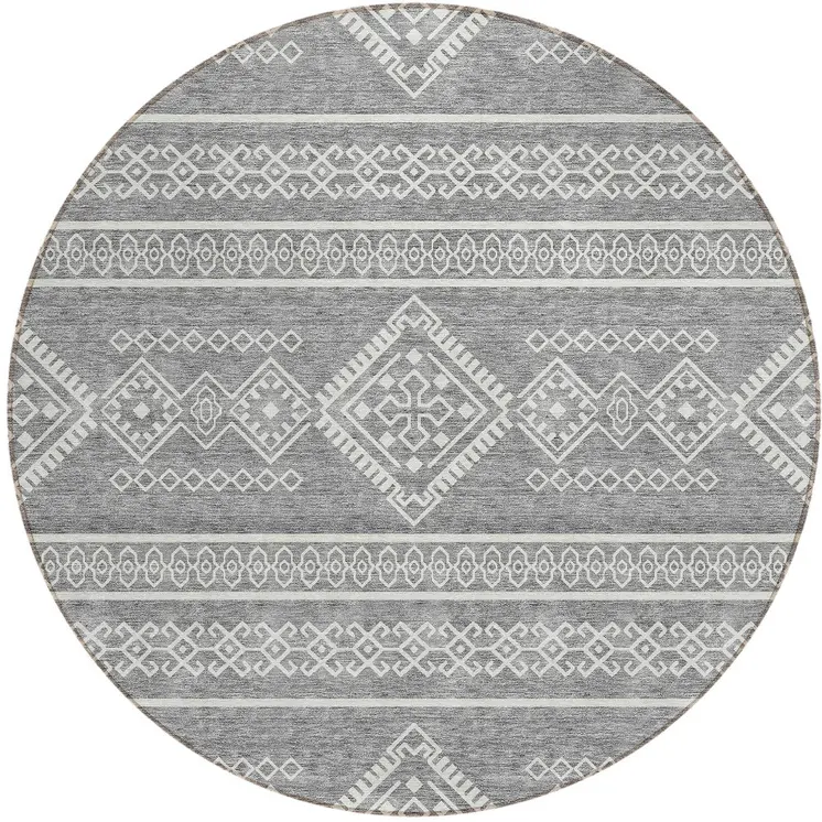 8' Gray And Ivory Round Southwestern Washable Indoor Outdoor Area Rug