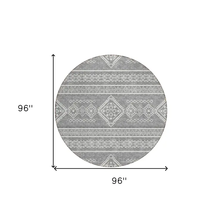 8' Gray And Ivory Round Southwestern Washable Indoor Outdoor Area Rug