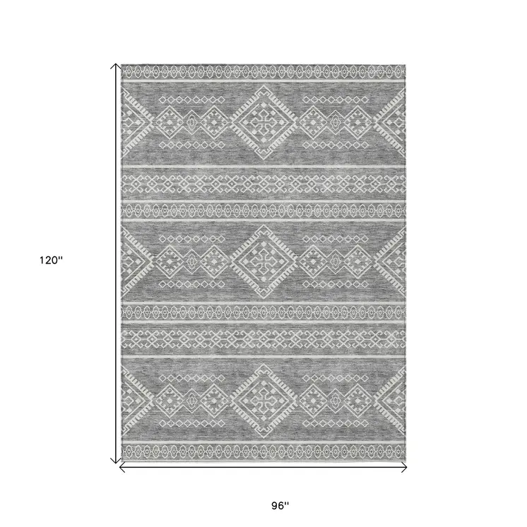 8' X 10' Gray And Ivory Southwestern Washable Indoor Outdoor Area Rug