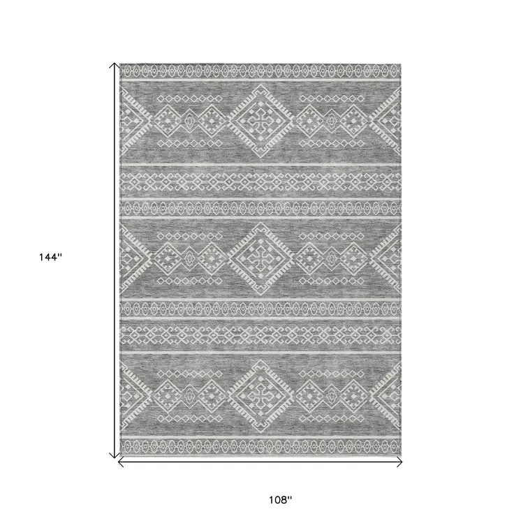 9' X 12' Gray And Ivory Southwestern Washable Indoor Outdoor Area Rug