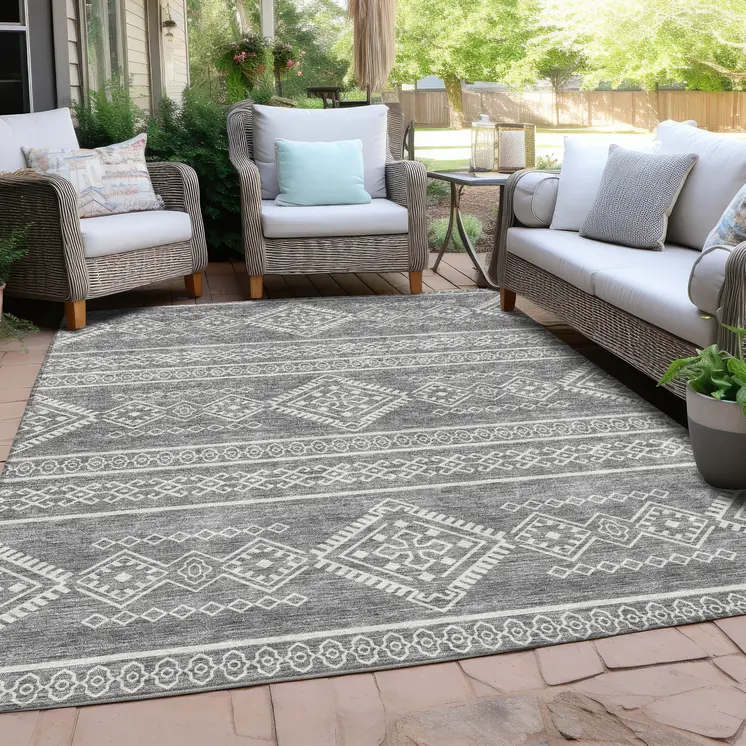 9' X 12' Gray And Ivory Southwestern Washable Indoor Outdoor Area Rug