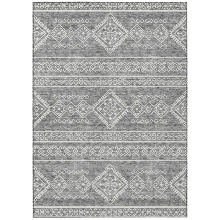 9' X 12' Gray And Ivory Southwestern Washable Indoor Outdoor Area Rug