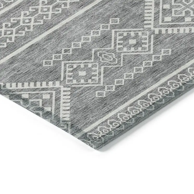 9' X 12' Gray And Ivory Southwestern Washable Indoor Outdoor Area Rug