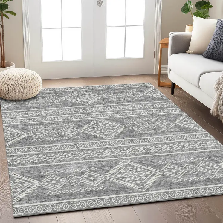 9' X 12' Gray And Ivory Southwestern Washable Indoor Outdoor Area Rug
