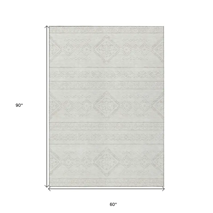 5' X 8' Ivory And Silver Southwestern Washable Indoor Outdoor Area Rug