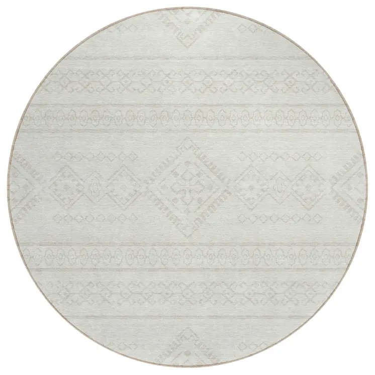8' Ivory And Silver Round Southwestern Washable Indoor Outdoor Area Rug