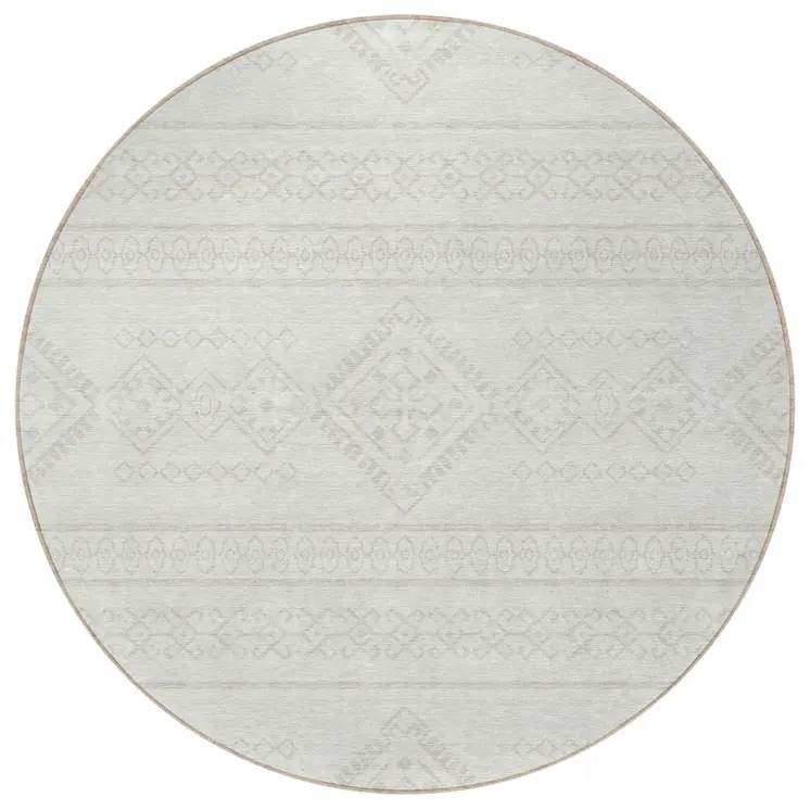 8' Ivory And Silver Round Southwestern Washable Indoor Outdoor Area Rug