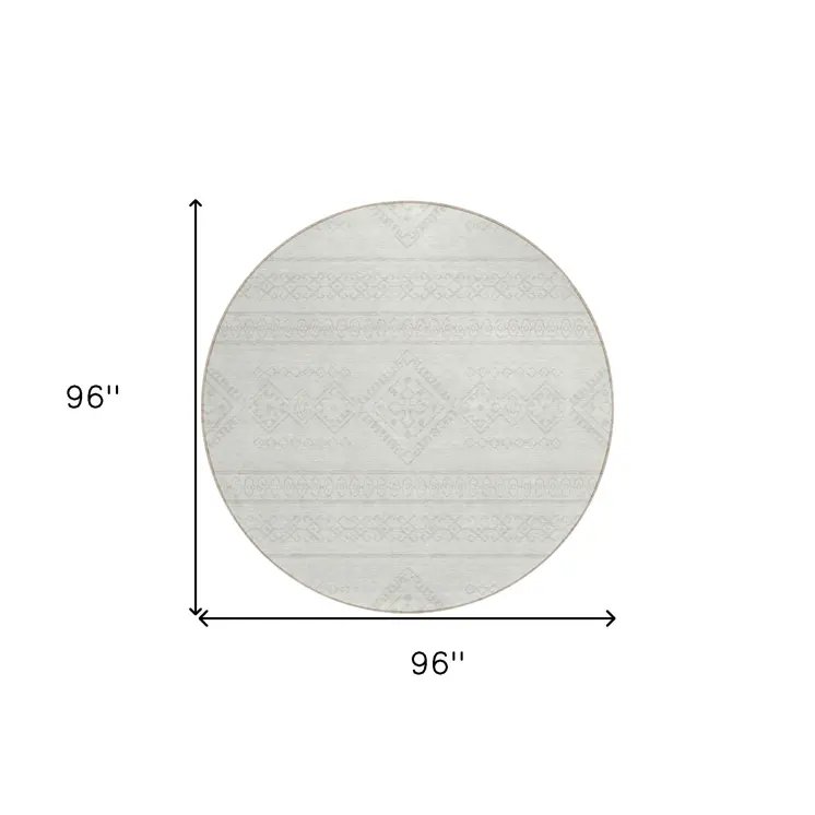 8' Ivory And Silver Round Southwestern Washable Indoor Outdoor Area Rug