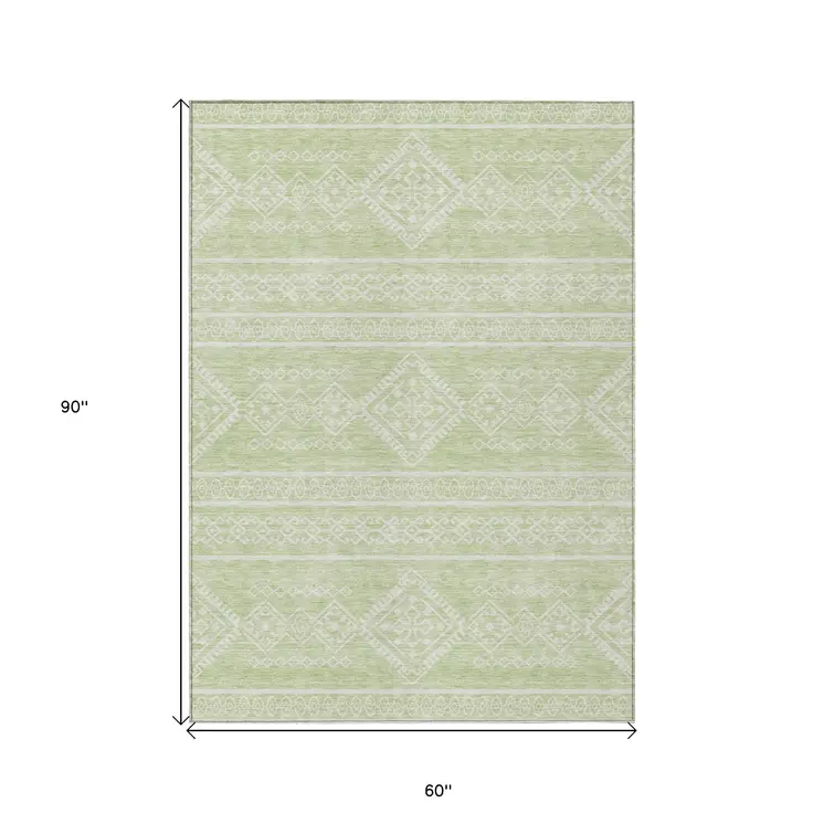 5' X 8' Mint Green And Ivory Southwestern Washable Indoor Outdoor Area Rug