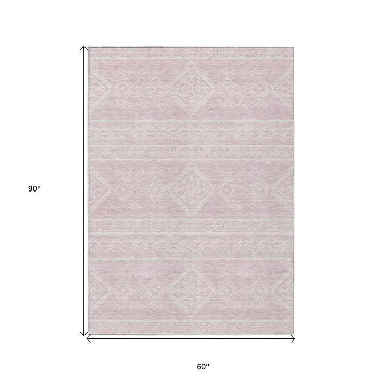 5' X 8' Pink And Ivory Southwestern Washable Indoor Outdoor Area Rug
