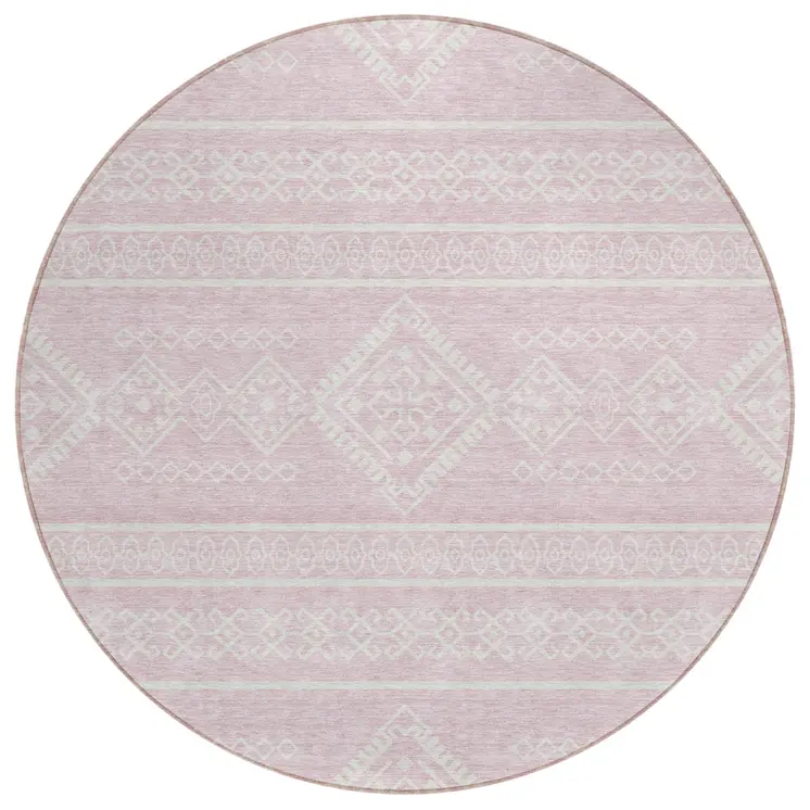 8' Pink And Ivory Round Southwestern Washable Indoor Outdoor Area Rug